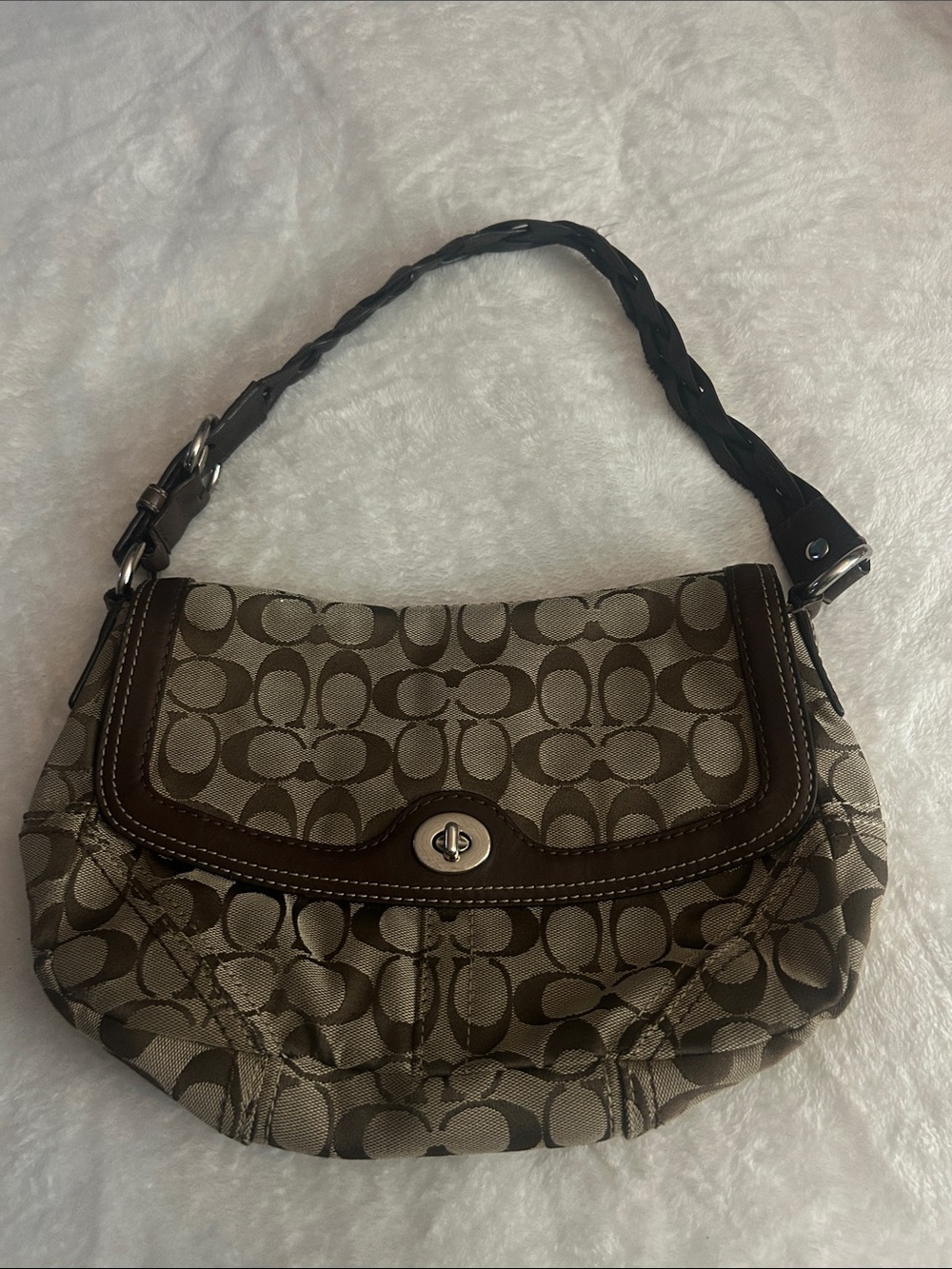 Coach Brown Signature Monogram Shoulder Bag with Dark Brown Leather Trim